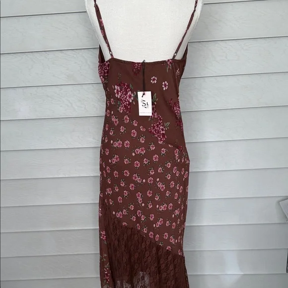 Floral Brown Asymmetrical bias cut Maxi Dress size L - Picture 4 of 7